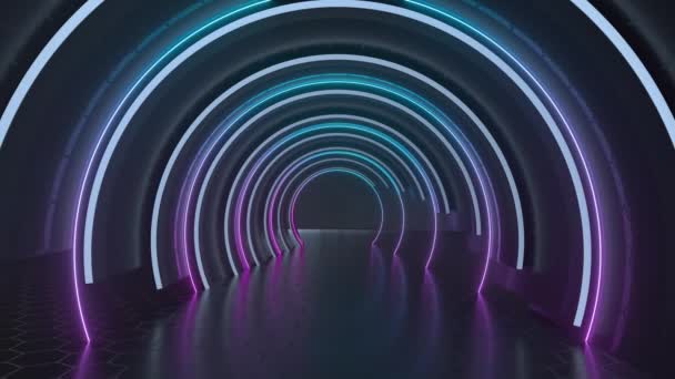 ネオン輝く線、 3Dレンダリングと暗いトンネルの回転. — ストック動画