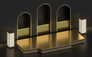 Empty marketing stage, Chinese style, 3d rendering. Computer digital drawing.