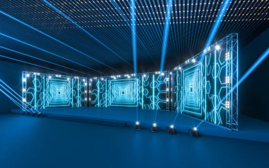 Exposition stage with blank billboard, 3d rendering. Computer digital drawing.