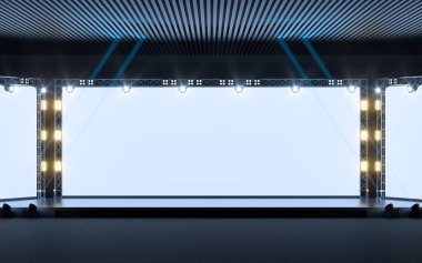 Exposition stage with blank billboard, 3d rendering. Computer digital drawing.