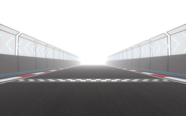 View of the infinity empty asphalt international race track, 3d rendering. Computer digital drawing.
