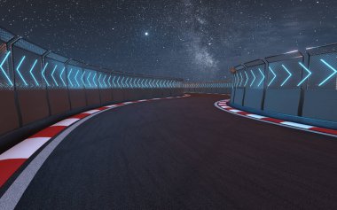 View of the infinity empty asphalt international race track, 3d rendering. Computer digital drawing.