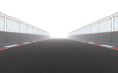 View of the infinity empty asphalt international race track, 3d rendering. Computer digital drawing.
