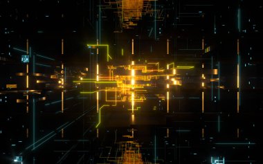 Devre yapısıyla parlayan elektronik hatlar, 3 boyutlu görüntüleme. Bilgisayar dijital çizimi.