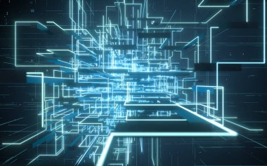 Devre yapısıyla parlayan elektronik hatlar, 3 boyutlu görüntüleme. Bilgisayar dijital çizimi.