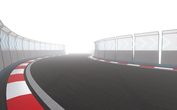 View of the infinity empty asphalt international race track, 3d rendering. Computer digital drawing.