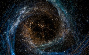 Dalgalı desenli parlayan parçacıklar, sihirli galaksi, üç boyutlu görüntüleme. Bilgisayar dijital çizimi.