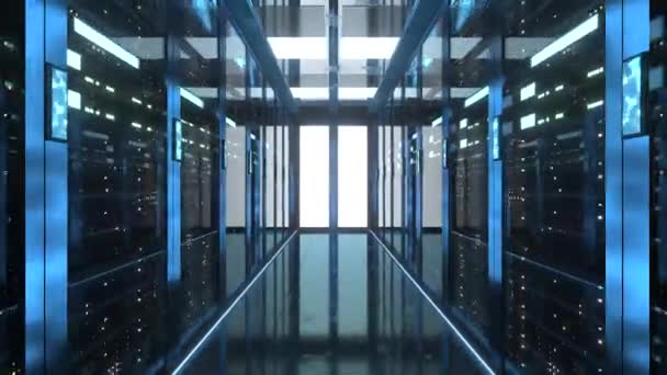 Bastidores del servidor en el centro de datos de la sala del servidor de seguridad de la red informática, representación 3d. — Vídeo de stock