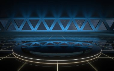 Boş sahnesi olan karanlık dış uzay odası, 3 boyutlu görüntüleme. Bilgisayar dijital çizimi.