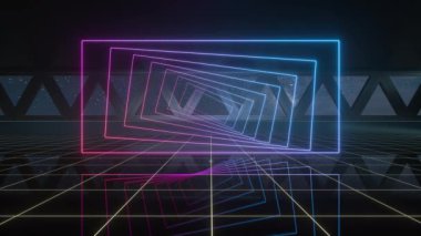 Neon ışıkları olan karanlık dış uzay odası, 3 boyutlu görüntüleme..