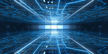 Bilgisayar ağı güvenlik sunucusu veri merkezinde sunucu rafları, 3D görüntüleme. Bilgisayar dijital çizimi.