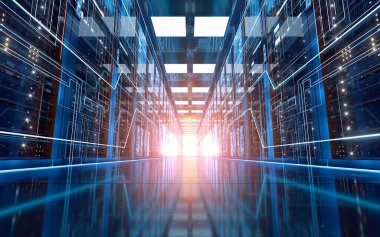 Bilgisayar ağı güvenlik sunucusu veri merkezinde sunucu rafları, 3D görüntüleme. Bilgisayar dijital çizimi.