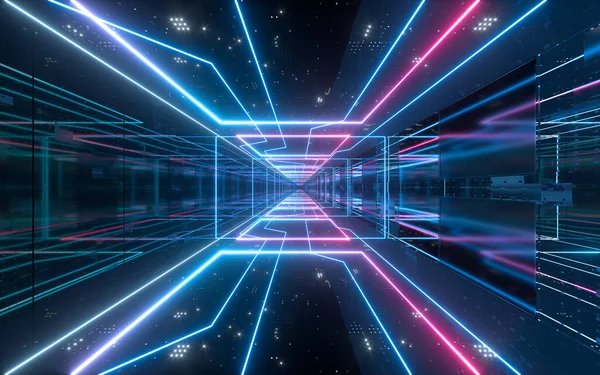 Tumma Tunneli Hehkuva Neon Linjat Renderöinti Tietokoneen Digitaalinen Piirustus — kuvapankkivalokuva