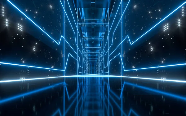 Mörk Tunnel Med Glödande Neonlinjer Återgivning Digitalritning — Stockfoto