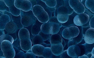 Büyük mikrop grupları mavi arkaplanlı, 3 boyutlu görüntülü. Bilgisayar dijital çizimi.