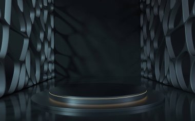 Siyah arkaplanlı boş sahne, 3D görüntüleme. Bilgisayar dijital çizimi.