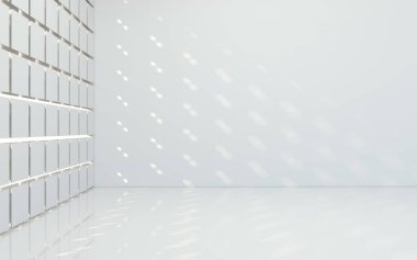 Beyaz arka planı olan boş bir oda, 3 boyutlu görüntüleme. Bilgisayar dijital çizimi.