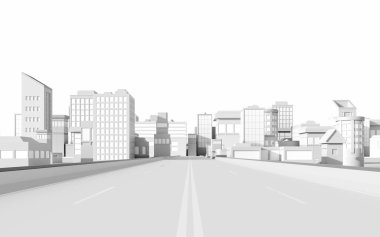 Şehir yolu ve dijital şehir modeli, 3D görüntüleme. Bilgisayar dijital çizimi.