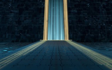 Parlak çizgiler ve siyah arkaplan küpleri, üç boyutlu görüntüleme. Bilgisayar dijital çizimi.