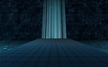 Parlak çizgiler ve siyah arkaplan küpleri, üç boyutlu görüntüleme. Bilgisayar dijital çizimi.