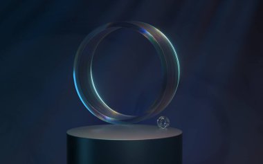 Sahnede siyah arka planda gözlük, 3 boyutlu görüntü. Bilgisayar dijital çizimi.