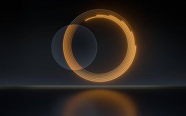 Neon ışığı ve siyah arka planlı buzlu cam, 3 boyutlu görüntüleme. Bilgisayar dijital çizimi.