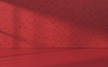 Kırmızı arka planı olan boş bir oda, 3 boyutlu görüntüleme. Bilgisayar dijital çizimi.