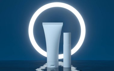 Su yüzeyinde kozmetik şişesi, 3 boyutlu. Bilgisayar dijital çizimi.