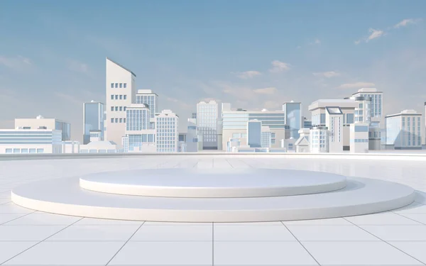 Empty product stage with white model city, 3d rendering. Computer digital drawing.