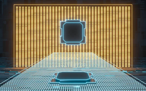 Gloeiend Podium Chip Met Zwarte Achtergrond Rendering Digitale Computertekening — Stockfoto