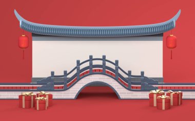 Kırmızı arkaplan ile Çin tarzı köprü, 3D görüntüleme, Bilgisayar dijital çizimi,