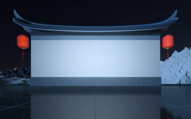 Kar dağları arkaplanlı boş ilan panosu, 3 boyutlu görüntüleme. Bilgisayar dijital çizimi.