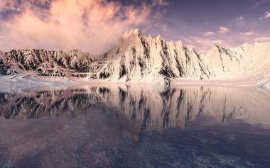 Günbatımı arkaplanlı karlı dağlar, 3 boyutlu görüntüler. Bilgisayar dijital çizimi.