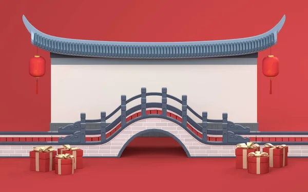 Kiinan Tyyli Silta Punaisella Taustalla Renderöinti Tietokone Digitaalinen Piirustus — kuvapankkivalokuva
