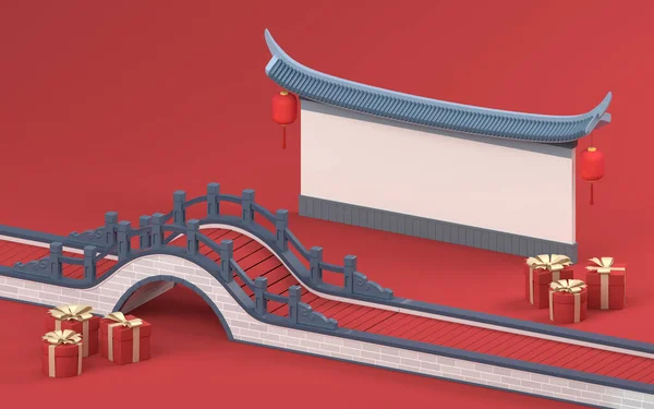 Kiinan Tyyli Silta Punaisella Taustalla Renderöinti Tietokone Digitaalinen Piirustus — kuvapankkivalokuva
