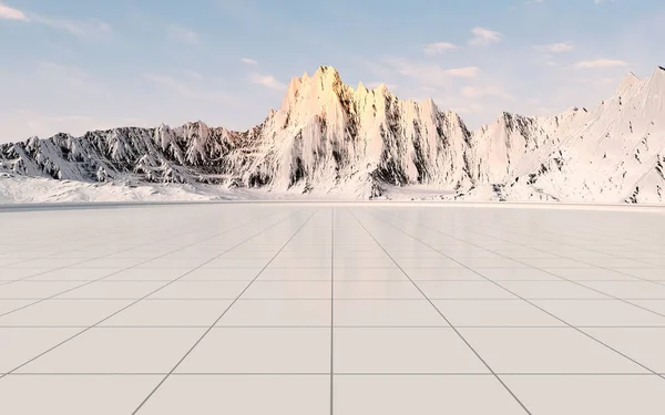 空の床の背景と雪の山 3Dレンダリング コンピュータ デジタル ドローイング — ストック写真