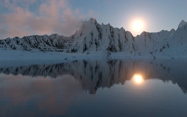 Karlı Dağların Arka Planı Boyutlu Görüntüleme Bilgisayar Dijital Çizimi — Stok fotoğraf