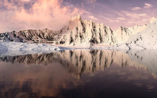 Montanhas Nevadas Com Fundo Por Sol Renderização Desenho Digital Computador — Fotografia de Stock