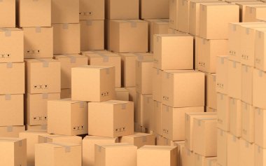 Kutular bir arada, fabrika deposu, 3 boyutlu görüntüleme. Bilgisayar dijital çizimi.