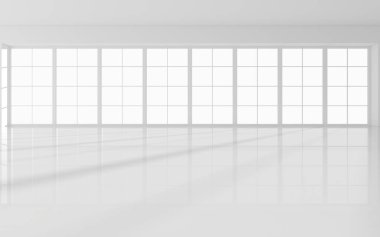 Beyaz boş oda, 3D görüntüleme. Bilgisayar dijital çizimi.