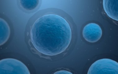 Mavi arka planlı, 3 boyutlu biyolojik hücreler. Bilgisayar dijital çizimi.