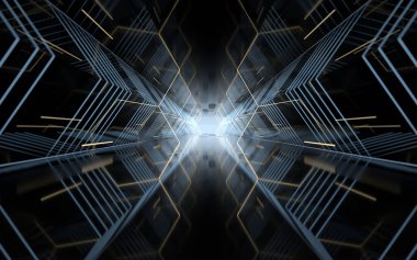 Çokgen arka planlı tünel, 3D görüntüleme. Bilgisayar dijital çizimi.