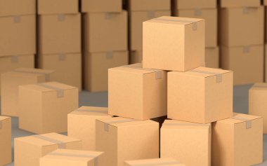 Kutular bir arada, fabrika deposu, 3 boyutlu görüntüleme. Bilgisayar dijital çizimi.