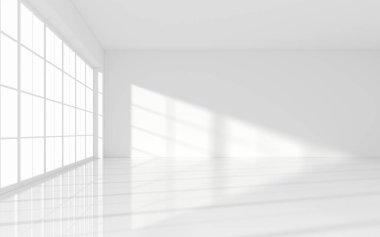 Beyaz boş oda, 3D görüntüleme. Bilgisayar dijital çizimi.