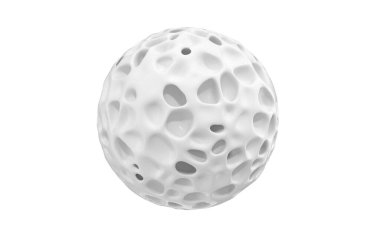 Beyaz arkaplanı ve üç boyutlu görüntülemesi olan çok delikli bir küre. Bilgisayar dijital çizimi,