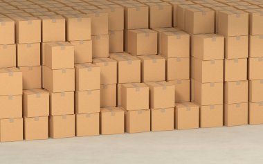Kutular bir arada, fabrika deposu, 3 boyutlu görüntüleme. Bilgisayar dijital çizimi.