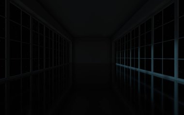 Siyah boş oda, 3D görüntüleme. Bilgisayar dijital çizimi.