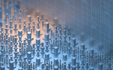 Beyaz arka planı olan teknolojik küpler, üç boyutlu görüntüleme. Bilgisayar dijital çizimi.