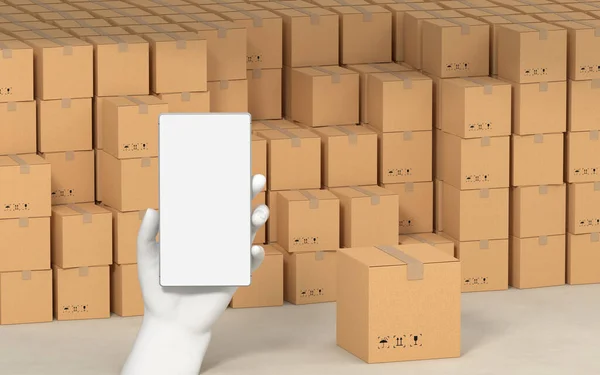 Stacked Cardboard Box Operating Mobile Phone Rendering Computer Digital Drawing — Stock Photo, Image