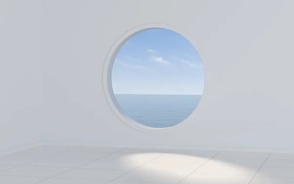 Pusty Biały Pokój Okrągłym Oknem Renderowanie Cyfrowy Rysunek Komputera — Zdjęcie stockowe